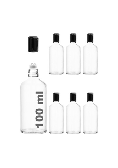 Çelik Roll On Şişesi 100 ML Sızdırmaz Siyah Kapaklı Şeffaf Cam Şişe 6 Adet