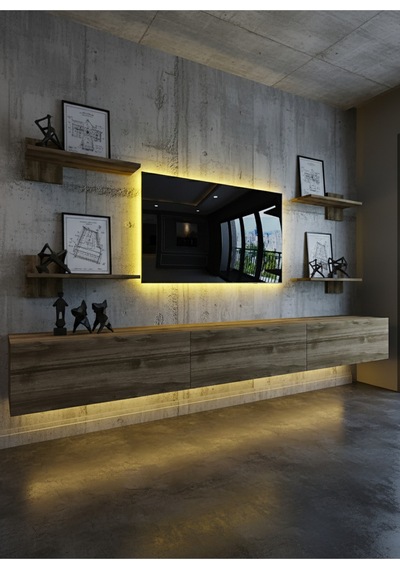 Resital Duvara Monte Ledli 270 Cm Tv Ünitesi Duvar Raflı - Ll6044 Ceviz