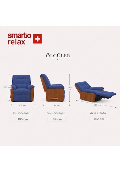 Smarto Relax Ticino Manuel Mekanizmalı Ayak Uzatmalı Ahşap Yan Panelli Polyester Tv Koltuğu Baba Koltuğu Mavi