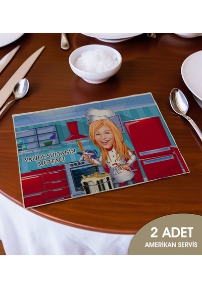 Bk Gift Kişiye Özel Karikatürlü 2 Li Keten Amerikan Servis Seti-5, Ev Hediyesi,baskılı Servis Bezi, Mutfak Dekoru