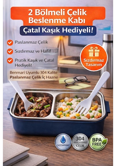 Lacivert Benmarili Paslanmaz Çelik Yemek Kabı 2 Bölmeli Beslenme Kabı Saklama Kabı Diğer