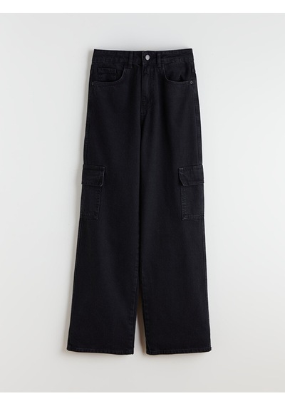 Lcw Jeans Siyah Wideleg Kadın Kargo Jean Pantolon