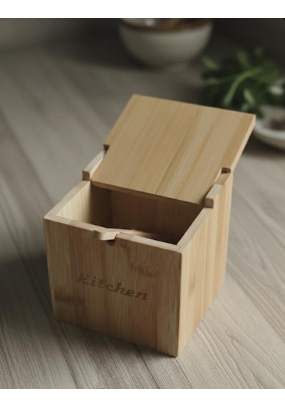 Kaşıklı Bambu Kapaklı Tuzluk Şekerlik - Dekoratif Mutfak Düzenleyici Tuz Kabı Baharatlık Kutusu 12cm Bambu