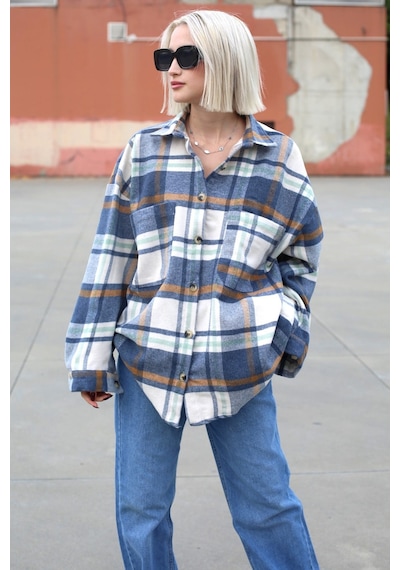 Madmext Lacivert Oversize Kadın Oduncu Gömlek Mg1589