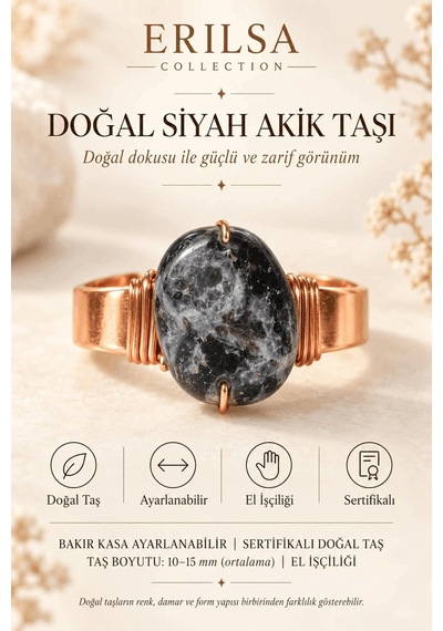 Sertifikalı Siyah Akik Taşı Doğal Taş Yüzük Bakır Kasa Ayarlanabi Çok renkli