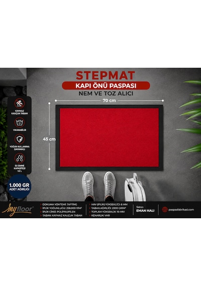 Nem Alıcı Toz Tutucu Çamur Sıyırıcı Pvc Taban Ve Pvc Bordürlü Velür Kırmızı Halılı Kapı Önü Paspası