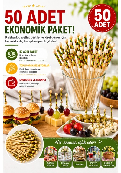 50 Adet Dekoratif Sarı Örgülü Bambu Kürdan 12 Cm Parti Davet Kokteyl Meyve Sunum Kürdanı Seti Paket
