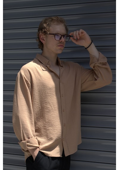 Erkek Oversize Kesim Keten Görünümlü Gömlek Taba
