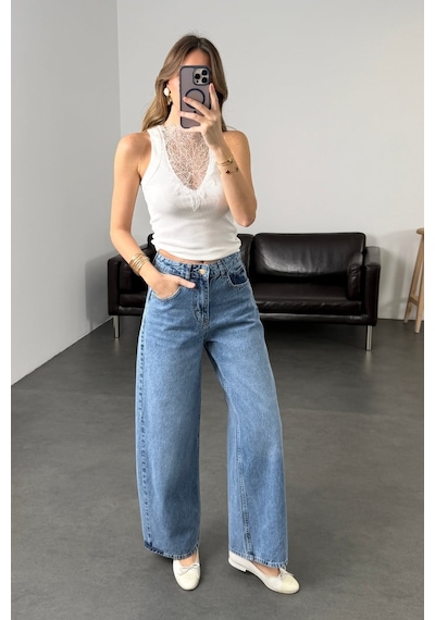 5in1Canpolat Mavi Kemerli Tensel Denim Pantolon 0030