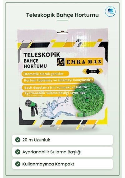 Teleskopik Bahçe Hortumu 20 M Yeşil Esnek Genleşen Sulama Hortum