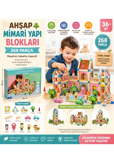Ahşap Mimari Yapı Blokları 268 Parça Eğitici Yaratıcı Ve Renkli İnşa Seti