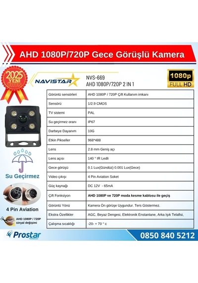 Ahd 1080p/720p Orta Boy Gece Görüşlü 4 Pin Soketli Kamyon Tır Otobüs Kamerası
