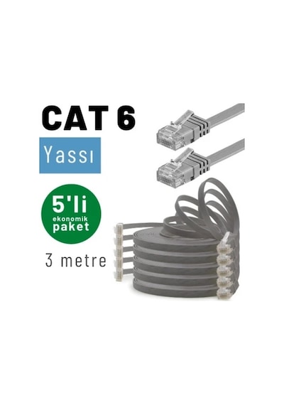 Irenıs 5 Adet 3 Metre Gri Cat6 Kablo Yassı Ethernet Network Lan Ağ İnternet Kablosu
