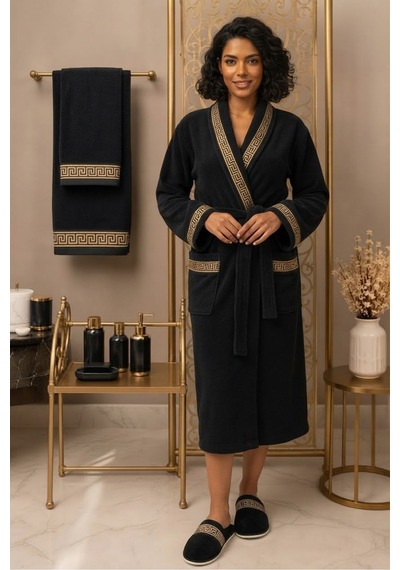 Premium %100 Pamuk Unisex Şalyaka Cepli Bornoz Seti 4 Parça Havlu Terlik Takımı Siyah Siyah