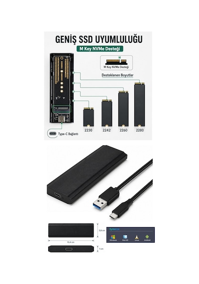 M.2 Ssd Kutusu Usb 3.0 Type-c Harici Ssd Disk Kutusu, Nvme M.2 Ssd Uyumlu, 2tb Kapasite Desteği, Pcıe M-key