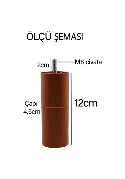 Silindir Destek Ayağı 12 Cm Kahverengi Gizli Ayak Mobilya Kanepe Baza Koltuk Dolap Sehpa Tv Ünitesi Ayağı