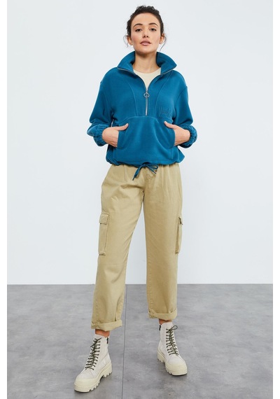 Tommy Life Zümrüt Yarım Fermuar Etek Ucu Büzgülü Kadın Polar Oversize Sweatshirt - 97171 Zümrüt Yeşili