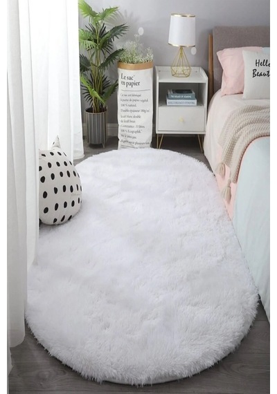 Raschel Carpet Oval Kesme Yolluk Kaymaz Taban Kalın Yumuşak Peluş Halı Özel Taban Beyaz