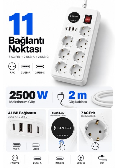 Akım Korumalı Priz 7'li + 2x Usb-a + 2x Usb-c 2 Metre Kablo 0 - 2 M