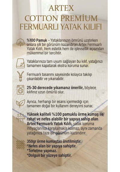 Cotton Premium Fermuarlı Yatak Kılıfı 140x190 Koruyucusu %100 Pamuklu Kılıf Kapitone Çift Kişilik Çift Kişilik Beyaz 140 x 190