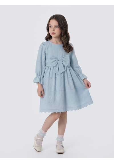 Pina Kids Kız Çocuk Uzun Kollu Önü Kurdelalı Fisto Elbise Mavi