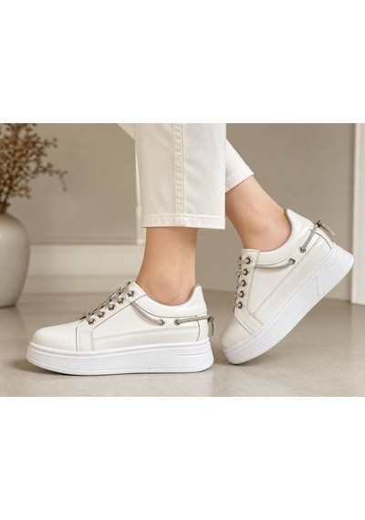 Papucumun Dünyası Kadın Bağcıklı Sneaker Ayakkabı Kırık Beyaz