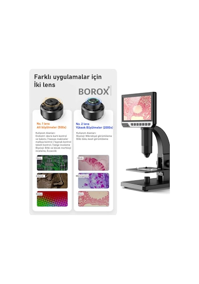 Borox Lab Dijital Mikroskop Çift Lens 2000x Büyütme 7'' 12 Mp
