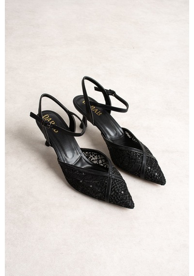 Dabab Shoes Laceva Kadın Siyah Dantel Detaylı Sivri Burun 6 Cm Topuklu Slingback Ayakkabı