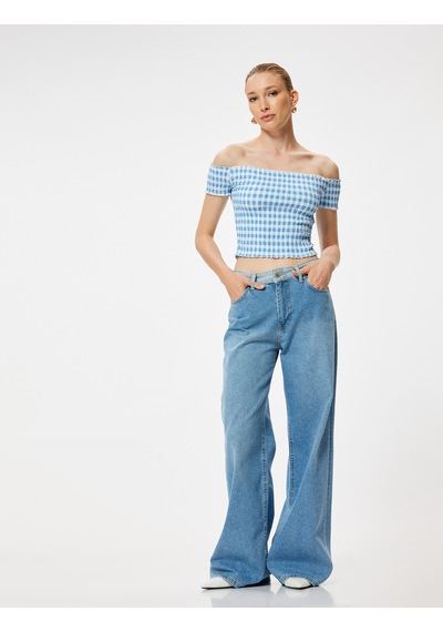 Koton Omzu Açık Tişört Gipeli Kısa Kollu Slim Fit Mavi Ekose 4sak50689ek Mavi