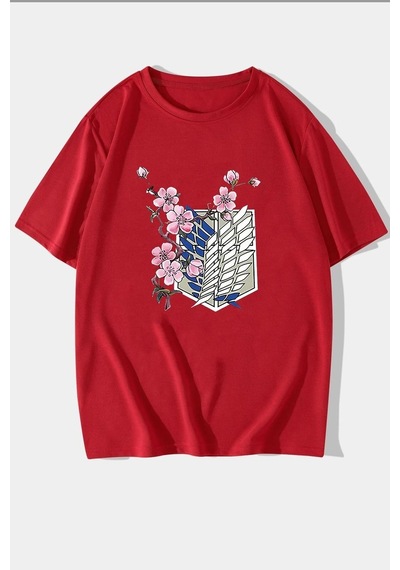 Unisex Flowers Baskılı T-shirt Kırmızı