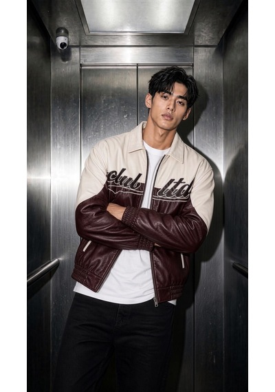 Oksit Club Ltd Nakış Detaylı Vintage Colorblock Gömlek Yaka Deri Bomber Ceket Bordo