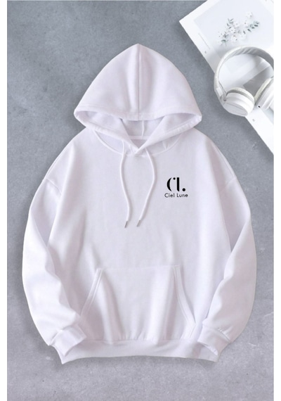 Nevermind Unisex Kadın Erkek Ciel Lune Markalı Oversize Sweatshirt Beyaz