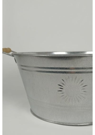 13 Litre Tahta Kulplu Güneş Kabartmalı Metal Leğen - Çok Amaçlı Saksılık Ve Saklama Kabı Galvaniz