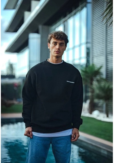 Barlashive Erkek 3 İplik Pamuklu Bisiklet Yaka Oversize Baskılı Sweatshirt - Siyah Çok Renkli