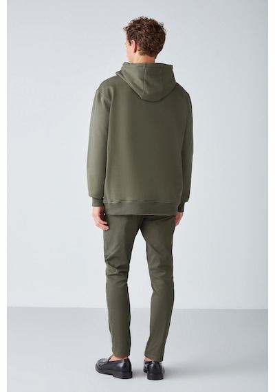 Grımelange Epic Erkek Yumusaçık Kumaşlı Kapüşonlu Kordonlu Regular Fit Nakışlı Haki Sweatshirt