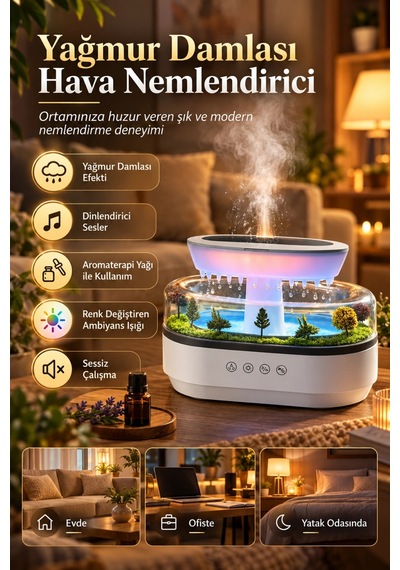 Castu 286 Raindrop Yağmur Damlası Efektli Aroma Difüzör Beyaz Gürültü Sesli Led Işıklı Hava Nemlendi