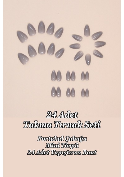 Kısa Badem 24 Adet Gri Takma Tırnak Seti W1606 Gri