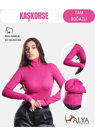 Alya Underwear Kaşkorse Tam Boğazlı Body Sweatshirt, Fitilli Kumaş, Likralı, Gül Kurusu Fuşya Melanj