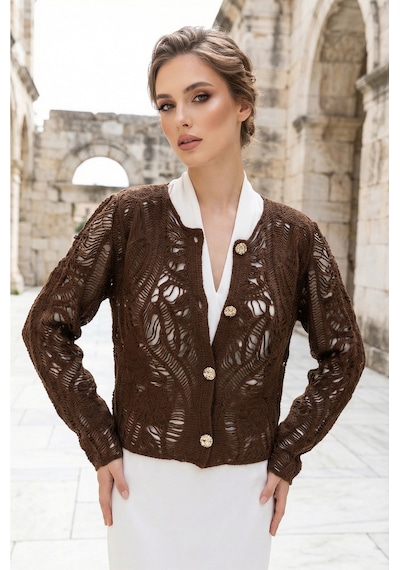 Sayzen Your Shine Dantel Desenli Gold Düğmeli Basic Ceket Shn-2602-tg Kahverengi