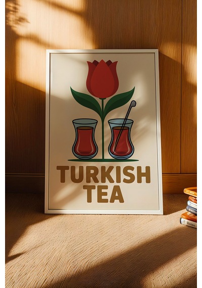Türk Çayı Tablo - İnce Belli Bardak Retro Mutfak Posteri - Geleneksel İçecek Duvar Dekoru Beyaz