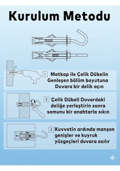 Kancalı Açık Gömlekli Çelik Dübel M8x13 Mm Ağır Yük Askı Ve Montaj Dübeli Çoklu Renk