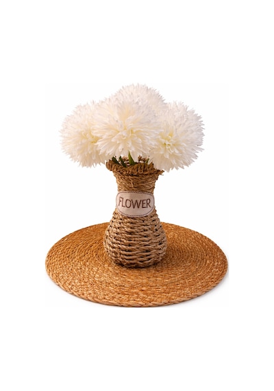 El Yapımı Vintage Tasarım Doğal Hasır Vazo,18 Cm,dekoratif Flower Yazılı Bohem Rattan Saksı,çiçeklik Bej
