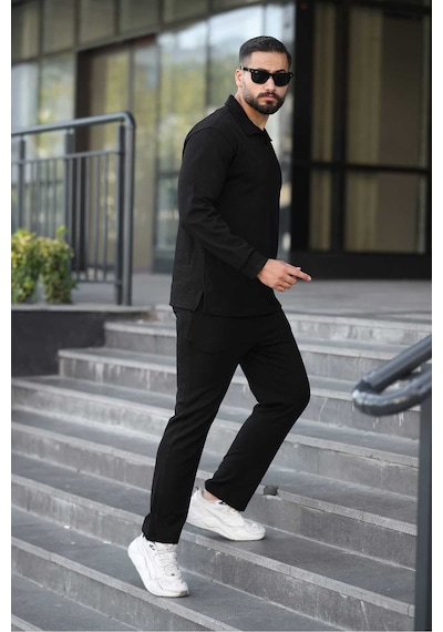 Mfz Giyim Petekli Alt Üst Pantolon Ve Patlı Yakalı Erkrk Sweat Takımı Siyah