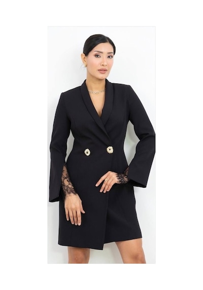 Dorne Moda Blazer Tarzı Dantel Detaylı Mini Elbise Siyah Siyah