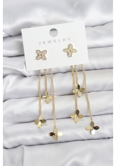 Lotus Figürlü Pirinç Kadın Küpe Gold Renk Renkli