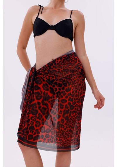 Tarzını Seç İç Gösterir Transparan Pareo - Kırmızı Leopar Model 150x95 Cm Çok Renkli