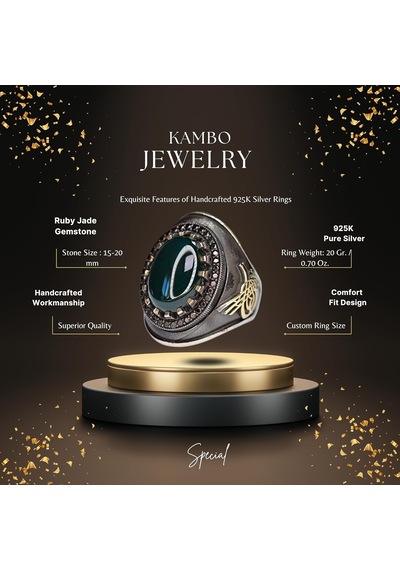 Erkekler İçin Gümüş Yüzük - Doğal Jade Taşı İle Osmanlı Tuğra Tasarımı Gümüş