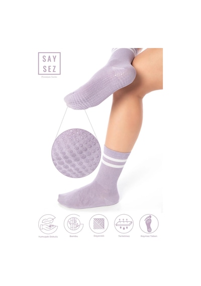 Saysez Bambu Kadın Kaydırmaz Taban Silikon Baskı Pilates Yoga Fitness Dans Aktivite Lila Mor Tenis Çorabı Renkli