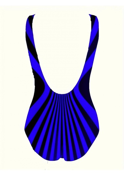 Defymoda Kadın Yuvarlak Yaka Askılı Zebra Desen Baskılı Dalgıç Mayo Mavi