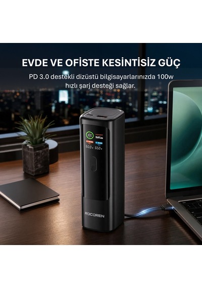 Rocoren 20000mah 100w Powerbank Dijital Ekranlı Hızlı Şarj Dahili Type-c Kablo + Usb-c + Usb-a Macbook, Tablet Ve Telefonlarla Uyumlu Taşınabilir Şarj Cihazı Siyah